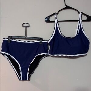 Navy Blue Scalloped Rickrack High Waisted Bikini Set Two Piece Swimsuit XL NWOT